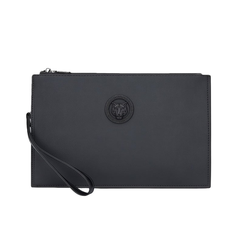 maffick Men’s Luxury Clutch Bag with Embossed Tiger Logo - Large Capacity Business Wristlet for iPad Mini, Phone & Cash - Waterproof PVC Woven Texture Handbag (29cm x 19cm) - Black - Image 1